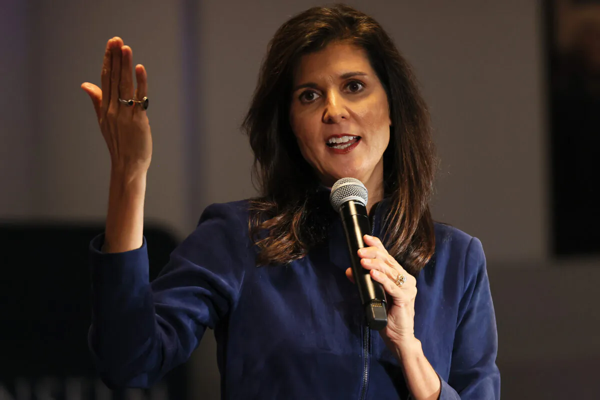 Republican presidential candidate Nikki Haley speaks during a campaign event in the New Hampshire Institute of Politics at Saint Anselm College in Manchester, N.H., on Feb. 17, 2023. (Michael M. Santiago/Getty Images)