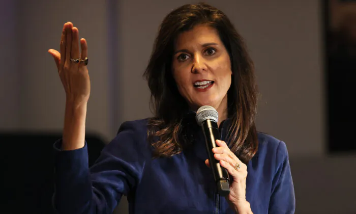 Republican presidential candidate Nikki Haley speaks during a campaign event in the New Hampshire Institute of Politics at Saint Anselm College in Manchester, N.H., on Feb. 17, 2023. (Michael M. Santiago/Getty Images)