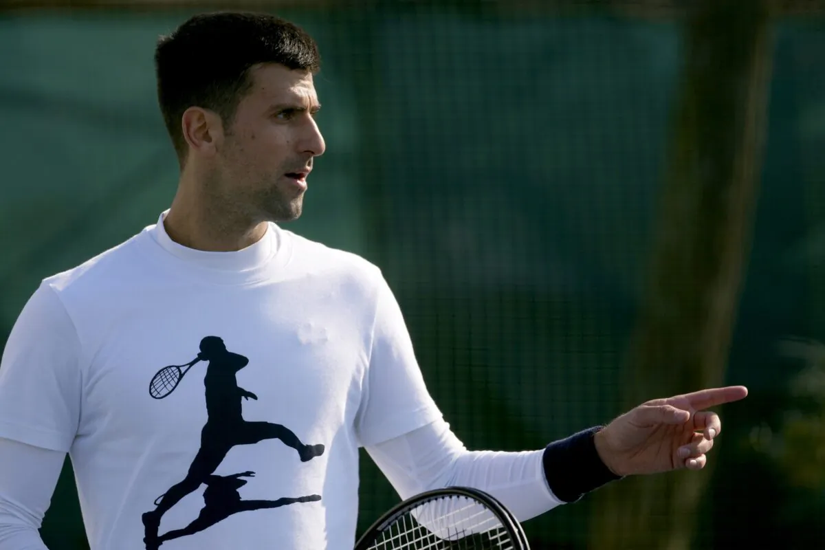 Serbian tennis player Novak Djokovic speaks and gestures during his open practise session in Belgrade, Serbia, on Feb. 22, 2023. (Darko Vojinovic/AP Photo)