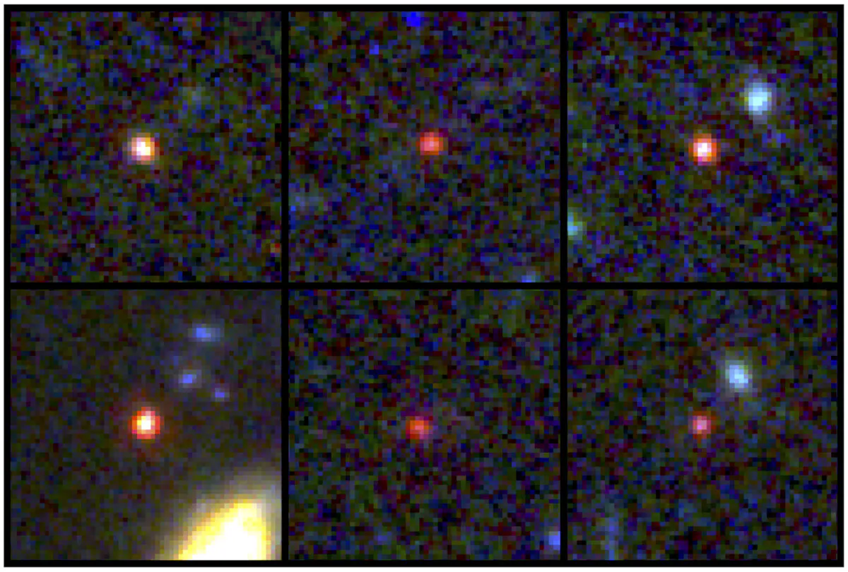 Six candidate massive galaxies, seen an estimated 500-800 million years after the 'Big Bang.' (NASA via AP)