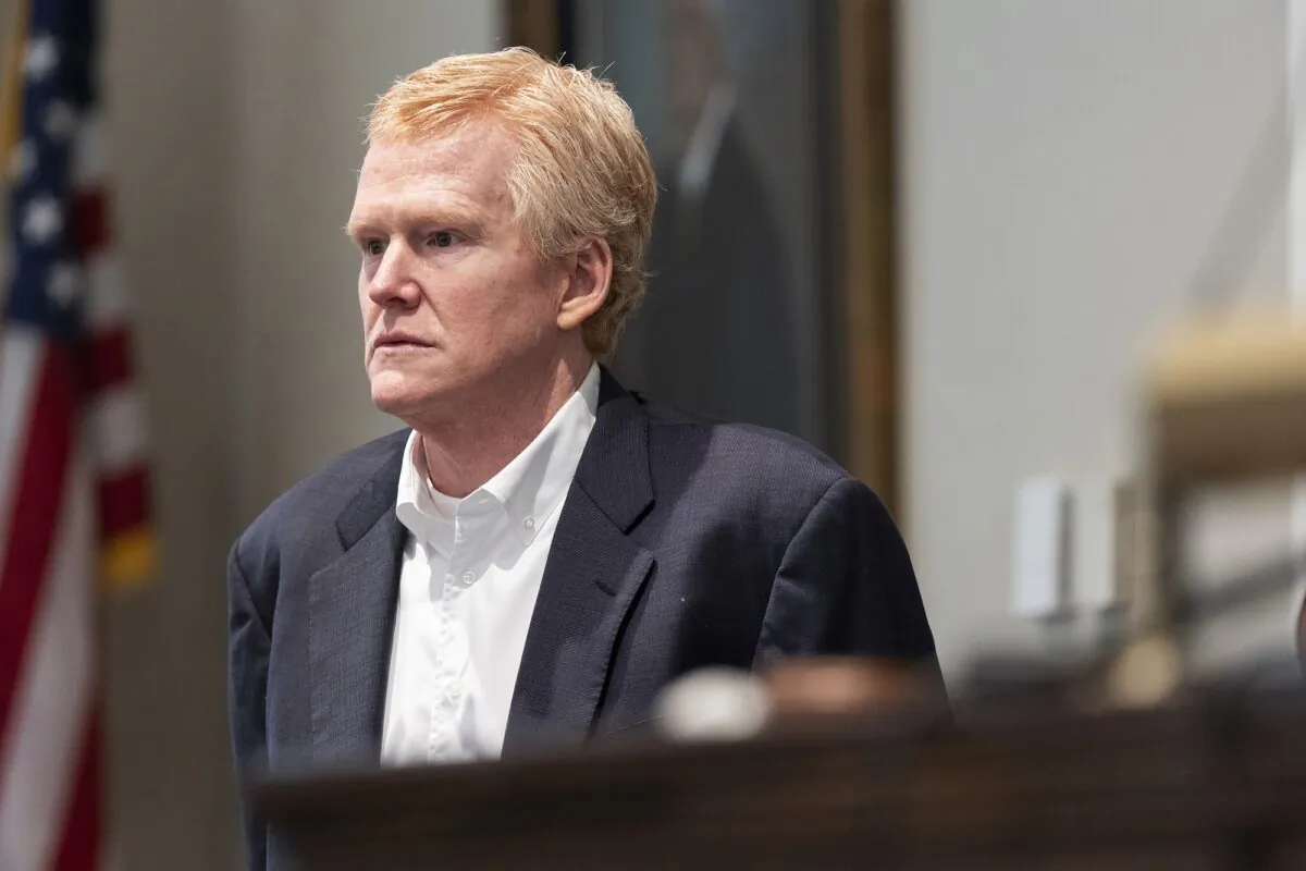 Alex Murdaugh stands next to the witness booth during a break in his trial for murder at the Colleton County Courthouse in Walterboro, S.C., on Feb. 23, 2023. (Joshua Boucher/The State via AP, Pool)