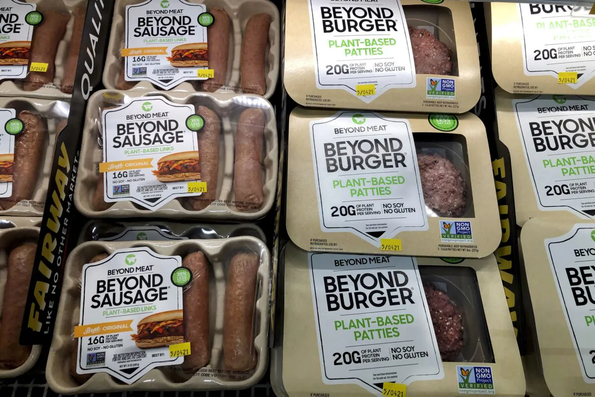 Packages of Beyond Meat's Beyond Burgers and Beyond Sausage in New York on April 29, 2021. (Richard Drew/AP Photo)