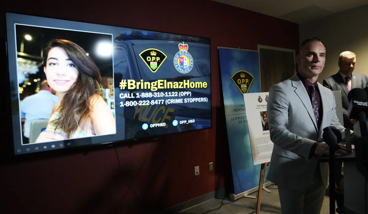 Ontario Provincial Police Det. Sergeant Jason Dinsmore provides additional information on the January 2022 abduction of Elnaz Hajtamiri during a press conference in Mississauga, Ont., on Jan. 12, 2023. (Nathan Denette/The Canadian Press)