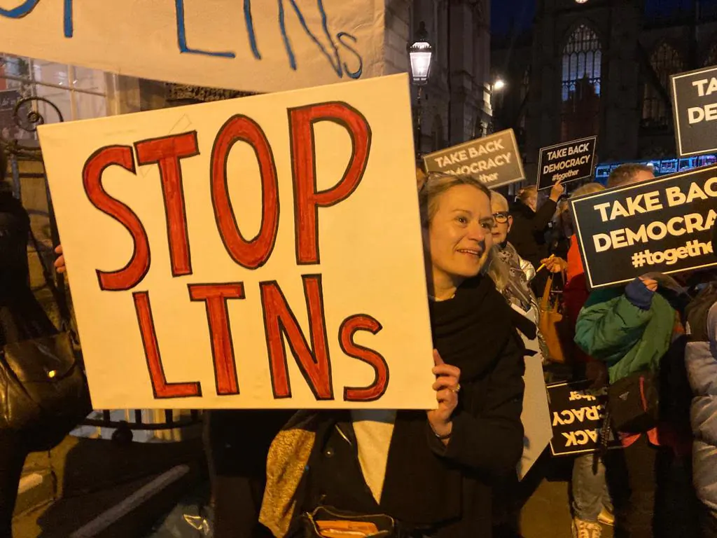 Local woman Caroline Horsford campaigning and protesting for Free Bath Streets in Bath, England. (Photo courtesy of Caroline Horsford) 