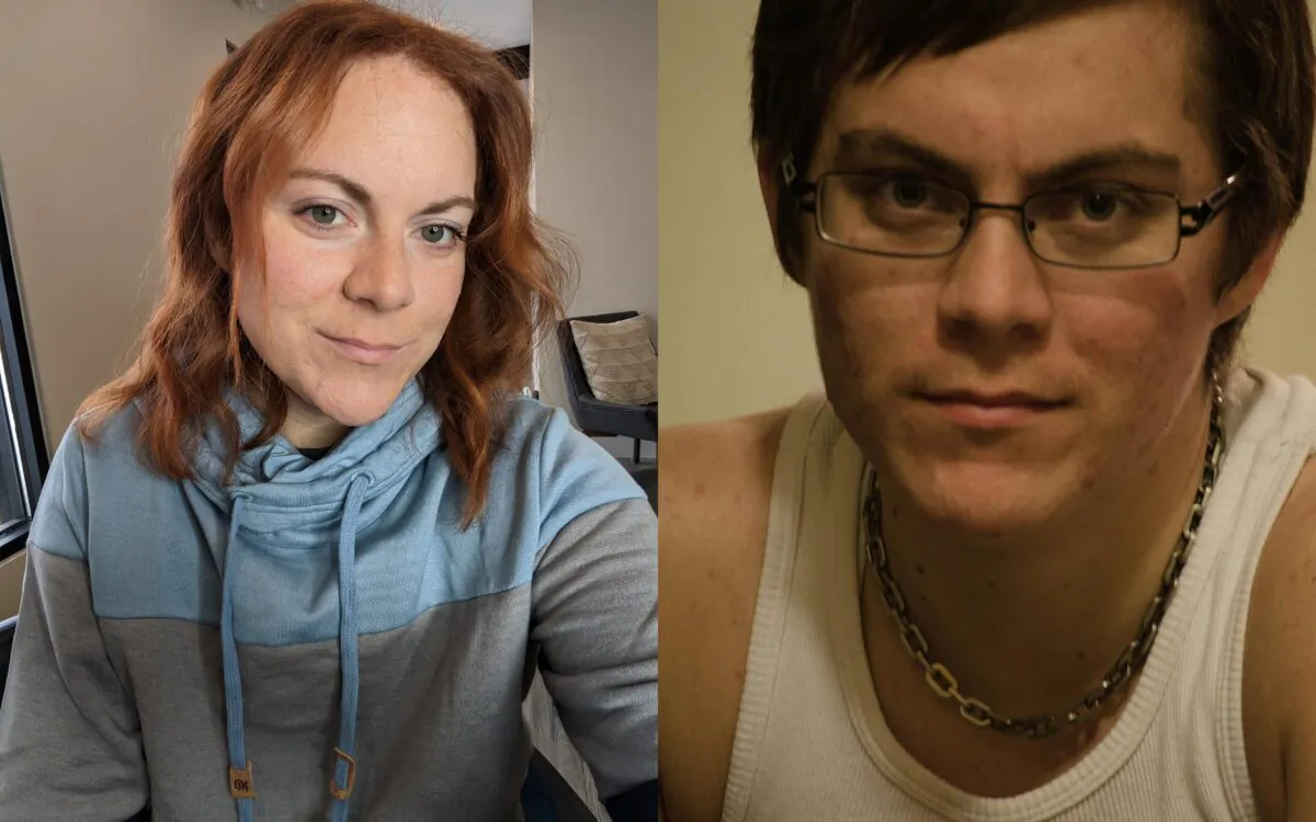 Michelle Zacchigna spent 10 years identifying as male (R), undergoing a hysterectomy and double mastectomy, before regretting the decision and “detransitioning” back to her female biological sex (L). (Courtesy Michelle Zacchigna)