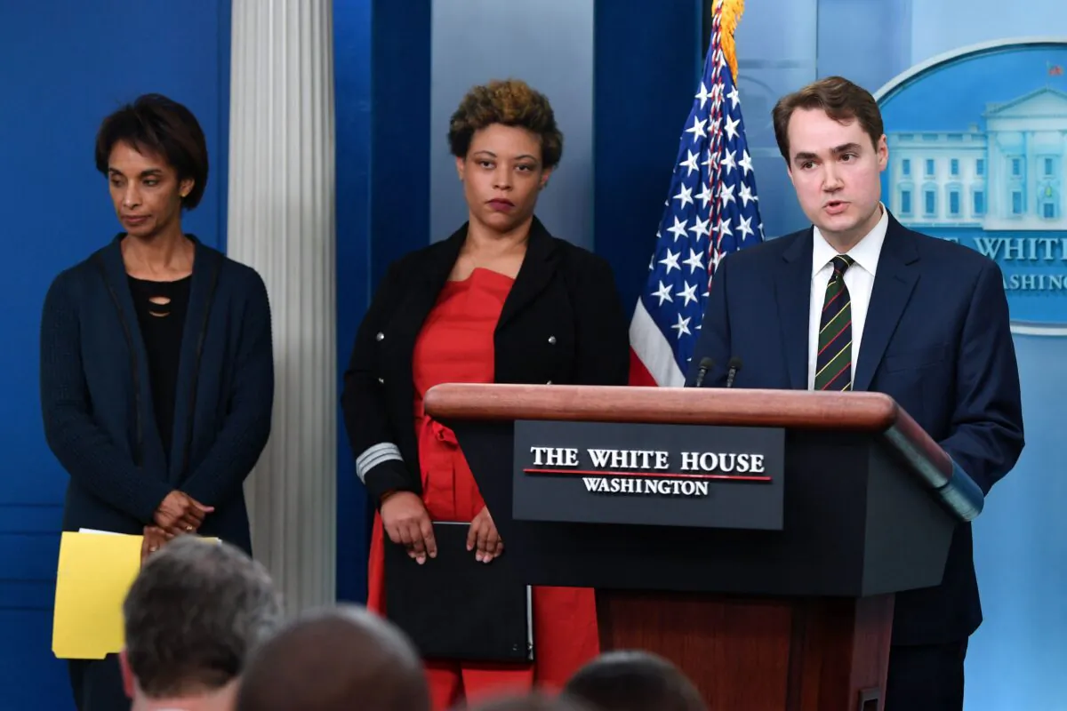 White House deputy press secretary Andrew Bates (R) speaks as Director of the Office of Management and Budget Shalanda Young (C) and Chair of the Council of Economic Advisers Cecilia Rouse (L) listen during a press briefing in the Brady Room of the White House on March 28, 2022. (Nicholas Kamm/AFP via Getty Images)