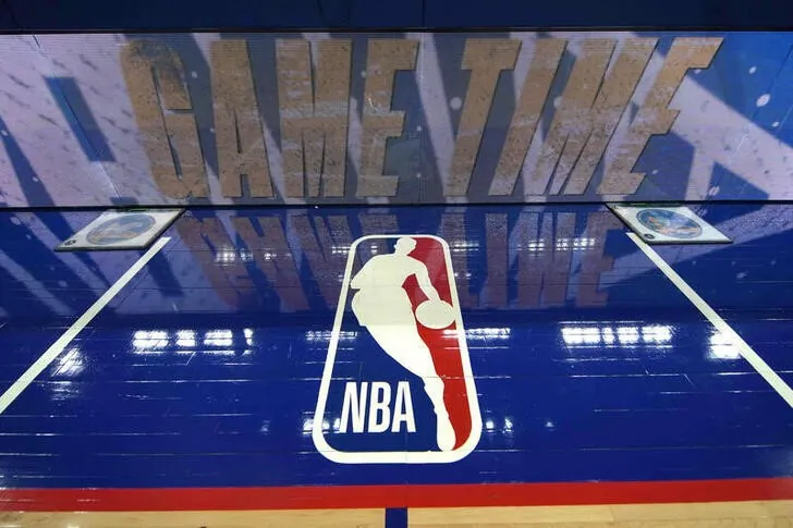 The NBA logo painted on the sideline before the game between the Golden State Warriors and the Milwaukee Bucks at Chase Center in San Francisco on Mar. 12, 2022. (Darren Yamashita/USA TODAY Sports via Reuters)
