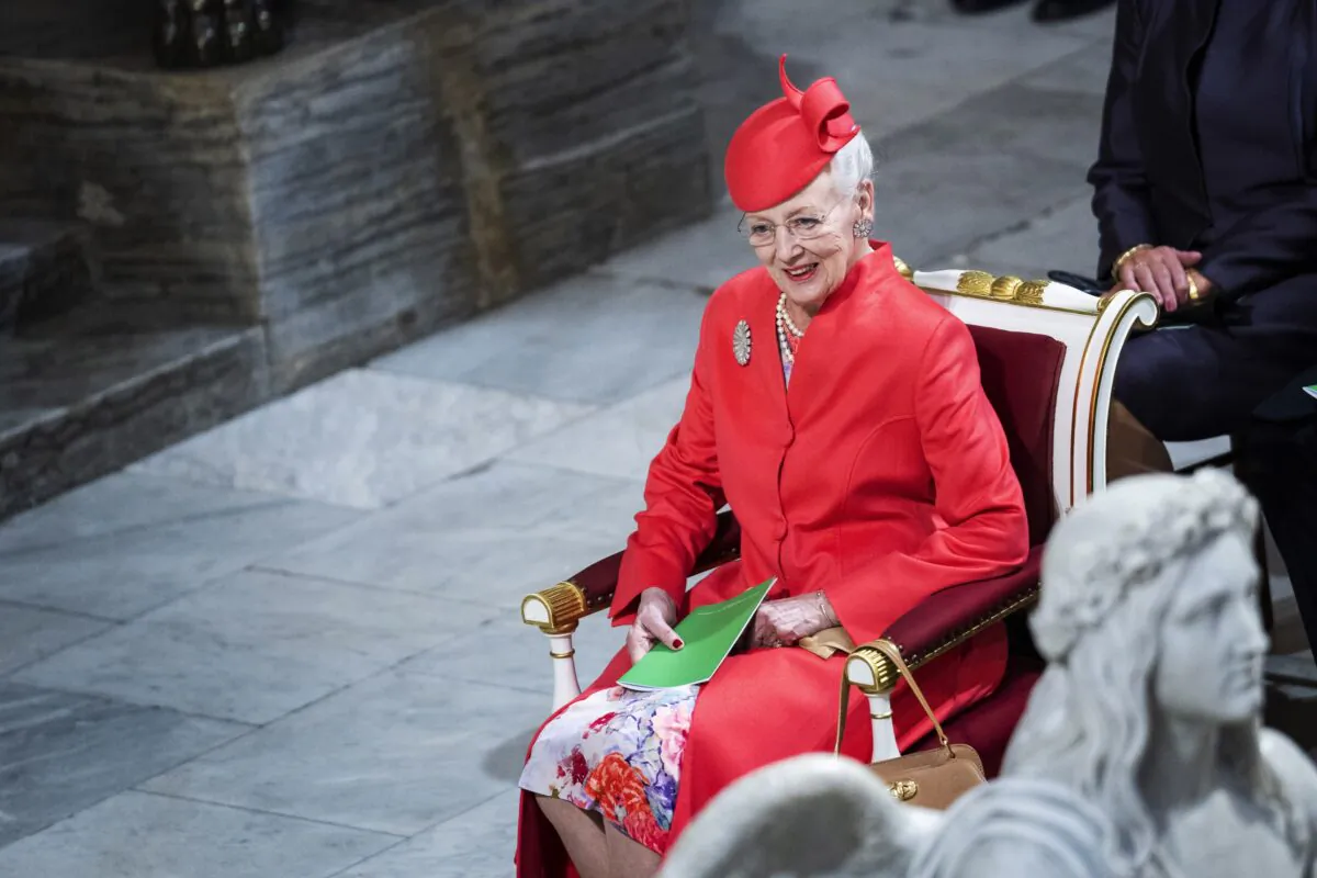 Queen Margrethe II attends the church service in Copenhagen Cathedral to mark the 50th anniversary of her accession to the throne in Copenhagen, Denmark, on Sept. 11, 2022. (Martin Sylvest/Ritzau Scanpix via AP)