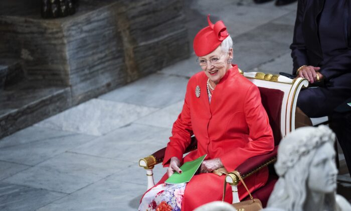 Queen Margrethe II attends a service at Copenhagen Cathedral to mark her 50th anniversary of her accession to the throne on September 11, 2022 in Copenhagen, Denmark.  (Martin Sylvest/Ritzau Scanpix via AP)