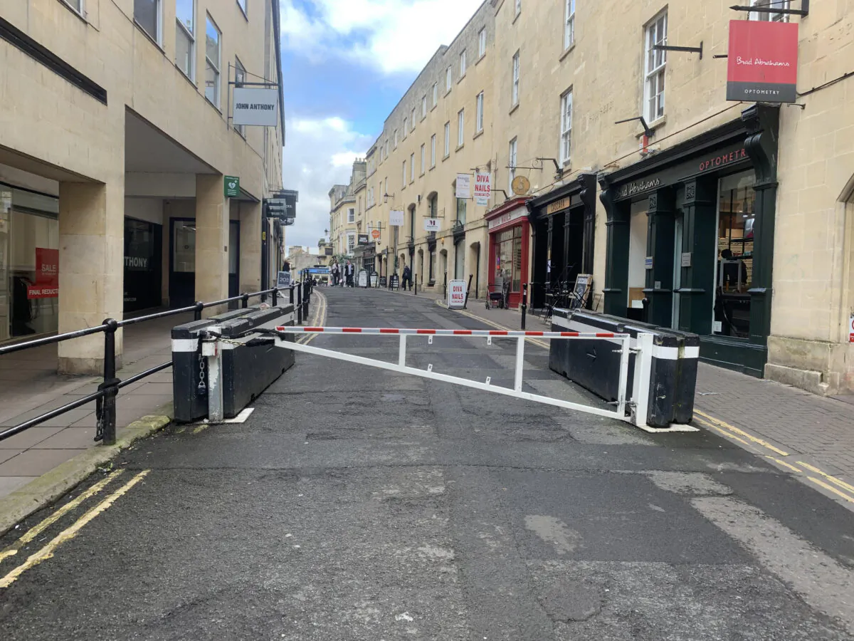The town centre’s “Ring of Steel” is pictured in Bath, England on Feb. 22, 2023. (Owen Evans/The Epoch Times)