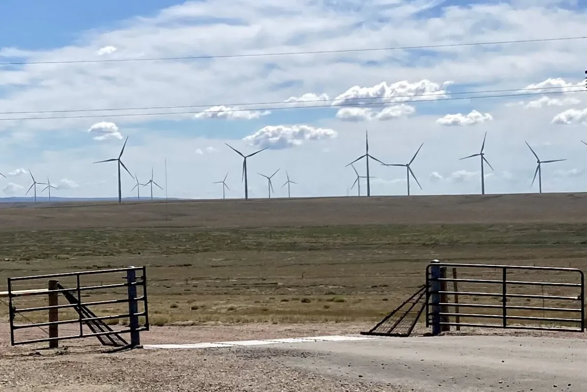 A wind farm sprawls across a valley on the western slopes of the Medicine Bow range in Wyoming in August 2022. (John Haughey/The Epoch Times)