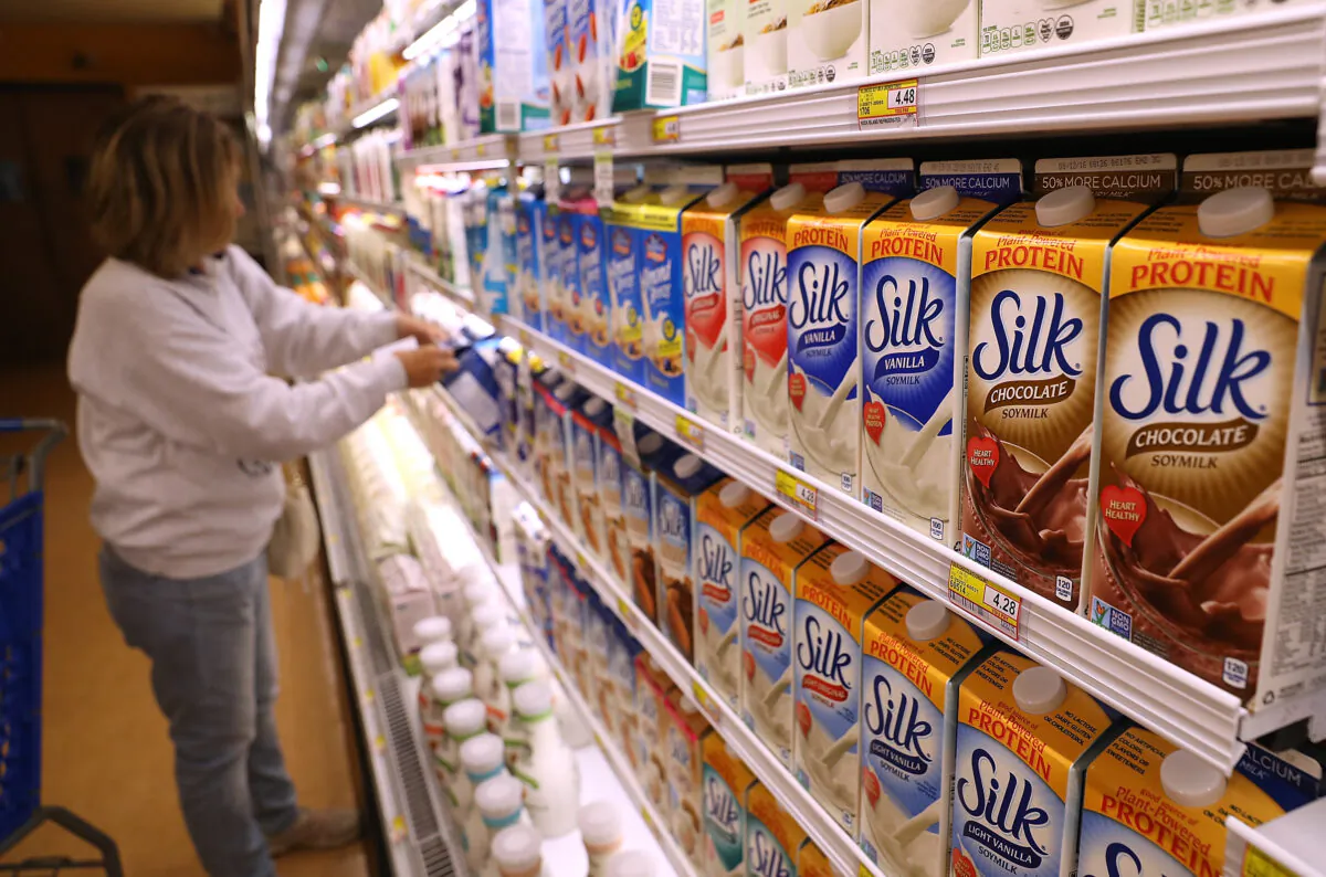 Containers of 'Silk' soy milk are displayed on a shelf at United Market in San Rafael, Calif., on July 7, 2016. (Justin Sullivan/Getty Images)