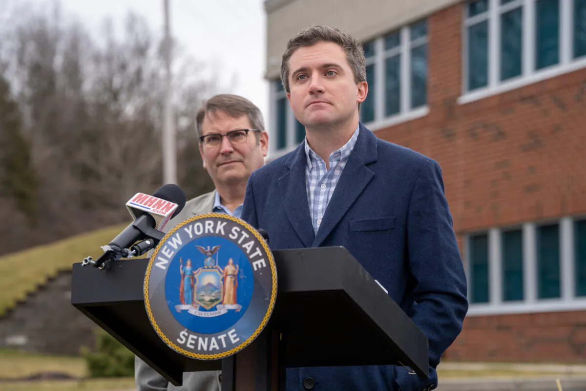 James Skoufis speaks during a press conference in New Windsor, New York, on Feb. 22, 2023. (Cara Ding/The Epoch Times)