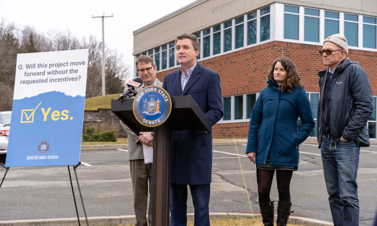 New York Sen. James Skoufis speaks in front of the commercial building that houses the Orange County Industrial Development Agency office in New Windsor, N.Y., on Feb. 22, 2023. (Cara Ding/The Epoch Times)