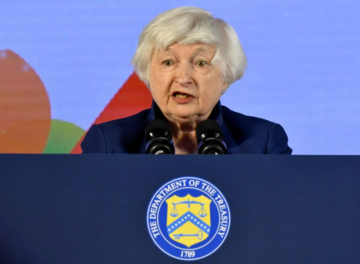 U.S. Treasury Secretary Janet Yellen speaks during a news conference as G20 finance leaders gathered on the outskirts of Bengaluru, India, on Feb. 23, 2023. (Samuel Rajkumar/Reuters)