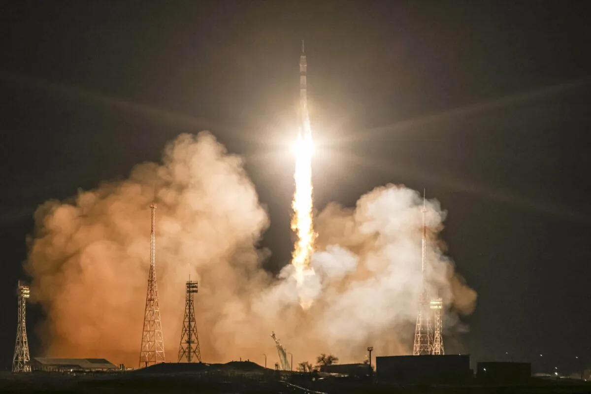 The new, empty Soyuz MS-23 capsule blasts off at the Russian leased Baikonur cosmodrome in Baikonur, Kazakhstan, on Feb. 24, 2023. (Ivan Timoshenko/Roscosmos State Space Corporation via AP)