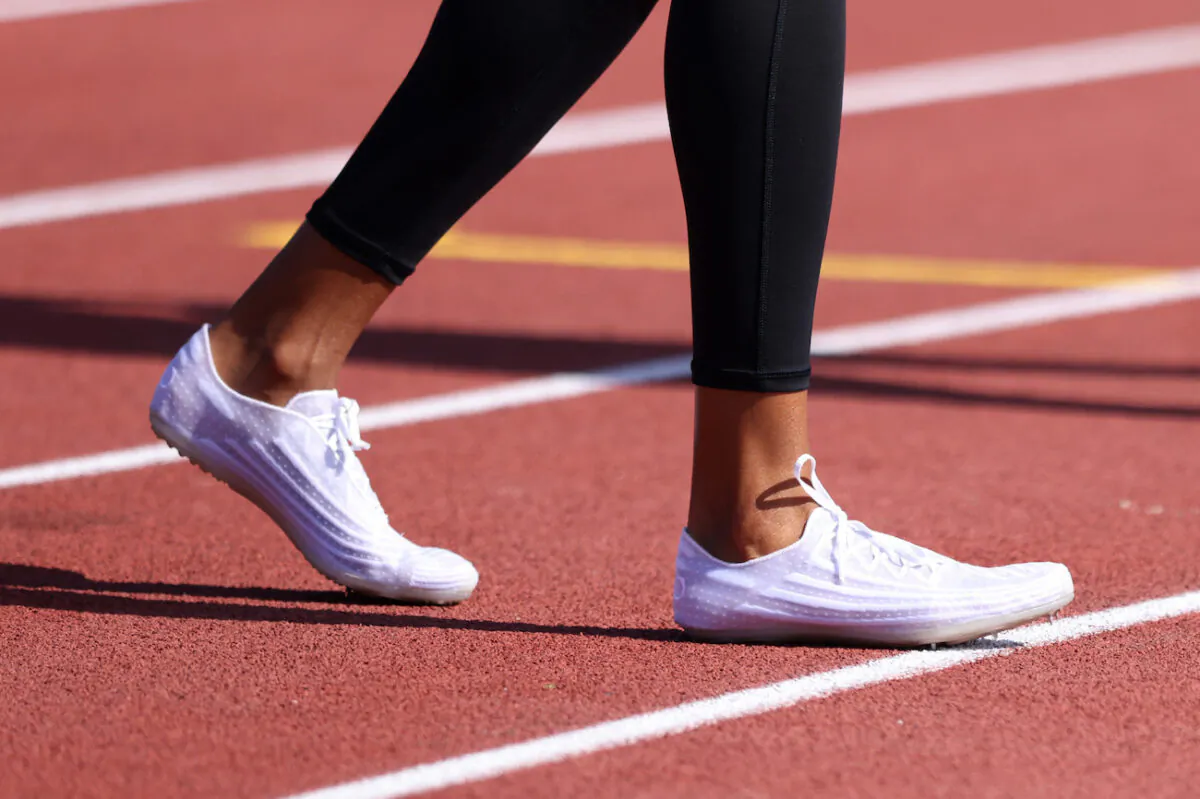Shoes worn by an athlete at a U.S. high school on May 7, 2022. (Katharine Lotze/Getty Images)
