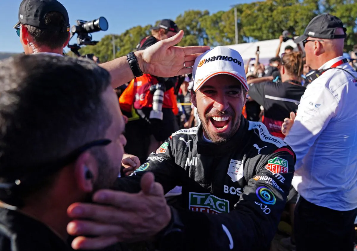 Tag Heuer Porsche Formula E Team's Antonio Felix Da Costa celebrates after winning the Cape Town ePrix in Cape Town, South Africa, on Feb. 25, 2023. (Nic Bothma/Reuters)