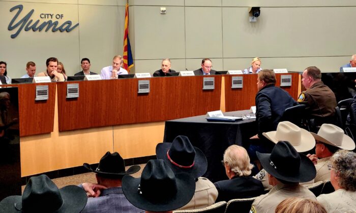 Arizona sheriffs listen as Republican members of the House Judiciary Committee discuss the southern border crisis in Yuma, Ariz., on Feb. 23, 2023. (Allan Stein/The Epoch Times)