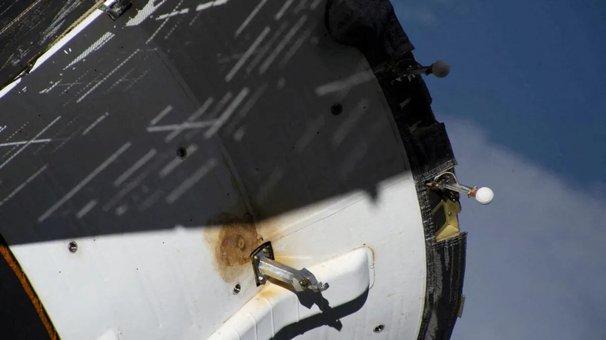 External damage believed to have caused a loss of pressure in the cooling system of the Soyuz MS-22 spacecraft docked to the International Space Station (ISS), on Feb. 13, 2023. (Roscosmos/Handout via Reuters)