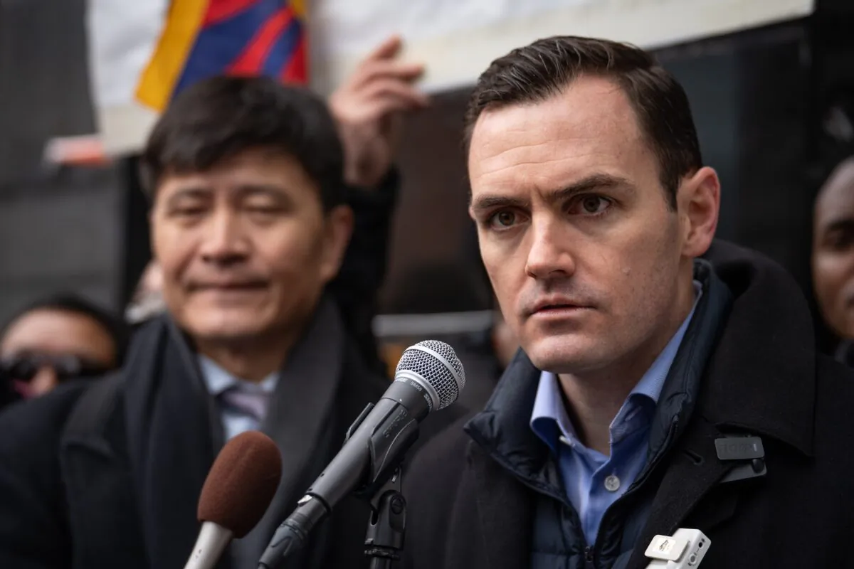 Rep. Mike Gallagher (R-Wis.) speaks at a press conference and rally in front of the America ChangLe Association highlighting Beijing's transnational repression, in New York City, on Feb. 25, 2023. A now-closed overseas Chinese police station is located inside the association building. (Samira Bouaou/The Epoch Times)