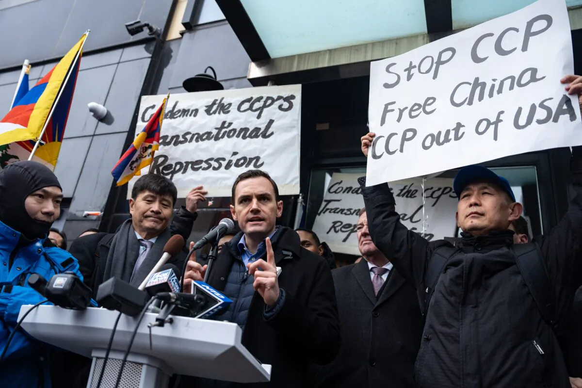 Rep. Mike Gallagher (R-Wis.) speaks at a press conference and rally in front of the America ChangLe Association highlighting Beijing's transnational repression, in New York City on Feb. 25, 2023. A now-closed overseas Chinese police station is located inside the association building. (Samira Bouaou/The Epoch Times)
