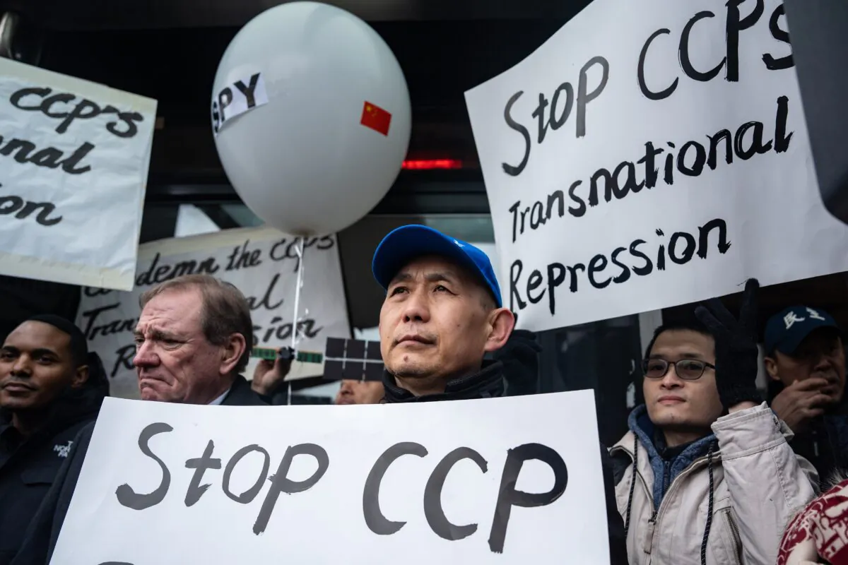 Chinese dissident Wang Yonghong at a press conference and rally in front of the America ChangLe Association highlighting Beijing's transnational repression, in New York on Feb. 25, 2023. A now-closed overseas Chinese police station is located inside the association building. (Samira Bouaou/The Epoch Times)