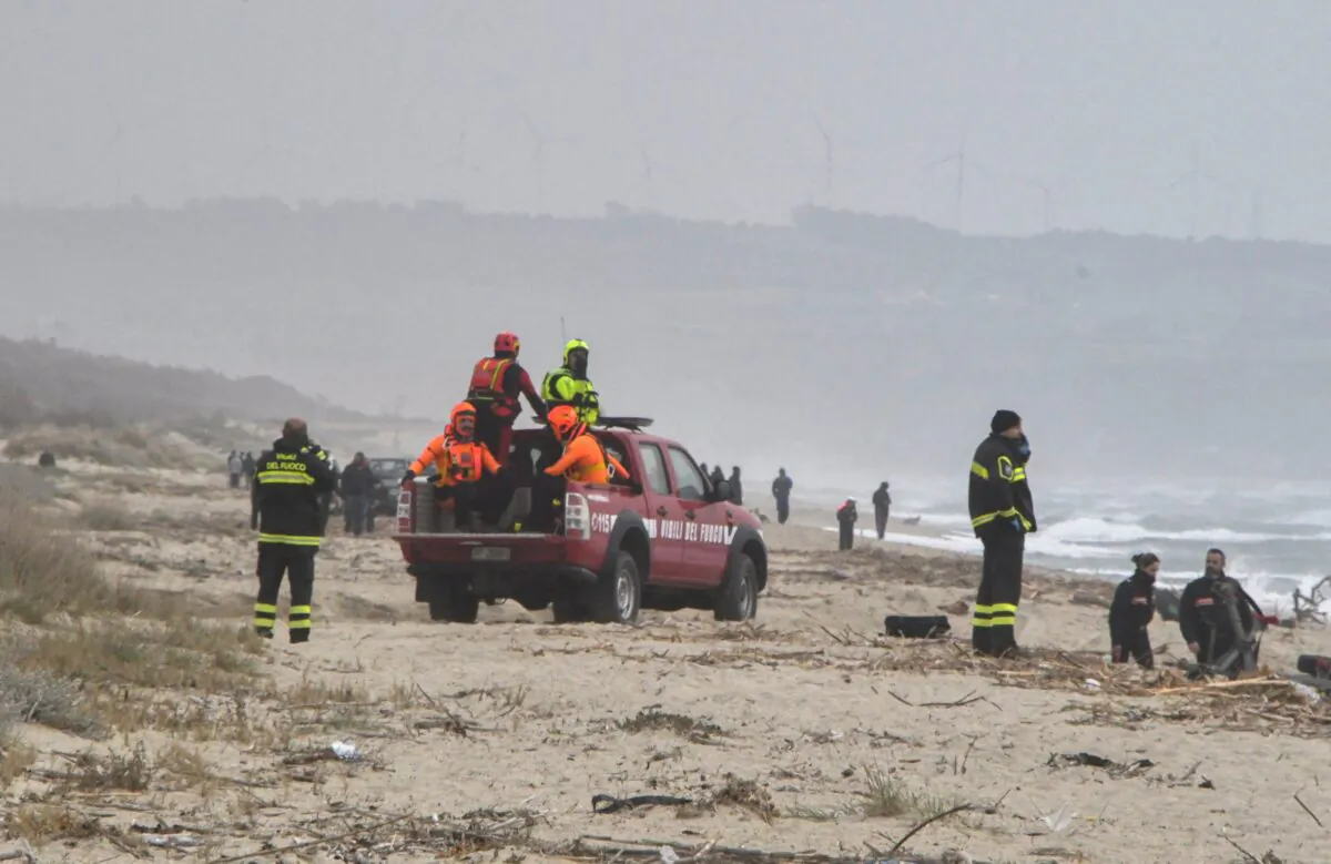 Rescuers arrive at the beach where bodies believed to be of refugees were found after a shipwreck in Cutro, the eastern coast of Italy's Calabria region, Italy, on Feb. 26, 2023. (Giuseppe Pipita/Reuters)