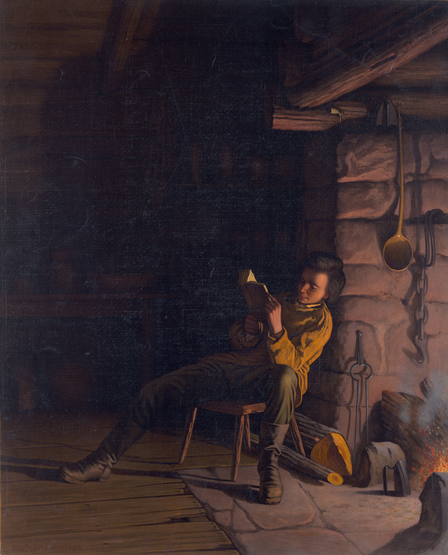 young Abe Lincoln reading by fire
