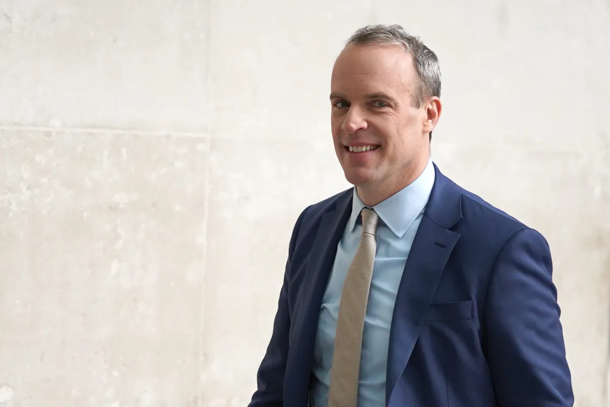 Deputy Prime Minister Dominic Raab arrives at BBC Broadcasting House in London on Feb. 26, 2023. (Stefan Rousseau/PA Media)