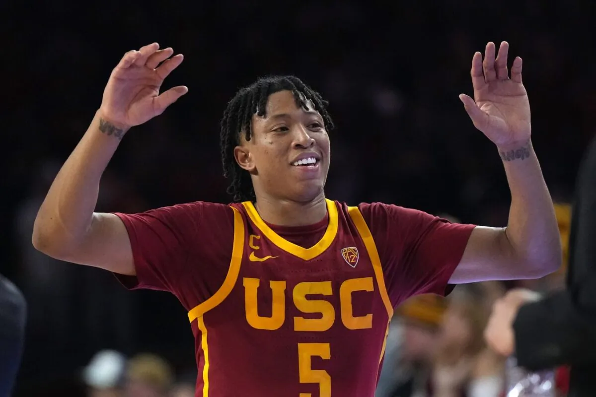 Southern California Trojans guard Boogie Ellis (5) celebrates in the second half against the UCLA Bruins at Galen Center in Los Angeles on Jan. 26, 2023. (Kirby Lee/USA TODAY Sports via Field Level Media)