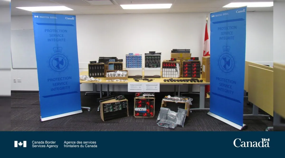 A weapons cache seized by Vancouver International Airport border service officers in January 2023 includes almost 1,400 prohibited weapons imported from China. (Courtesy of CBSA)
