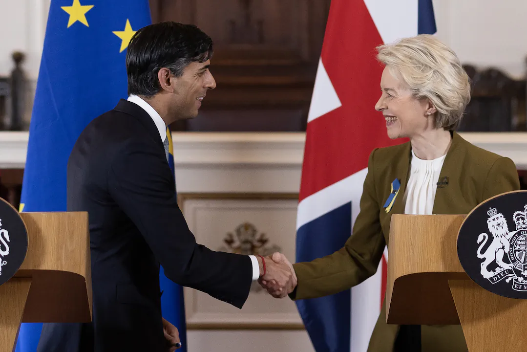 British Prime Minister Rishi Sunak and European Commission president Ursula von der Leyen during a press conference after signing the 'Windsor Framework' at the Guildhall in Windsor, England, on Feb. 27, 2023. (PA Media)