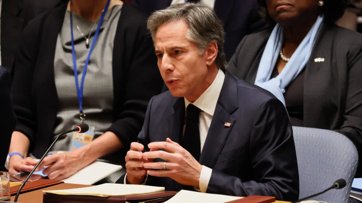 U.S. Secretary of State Antony Blinken speaks during a Security Council meeting concerning the war in Ukraine at United Nations headquarters in New York on Feb. 24, 2023. (Michael M. Santiago/Getty Images)