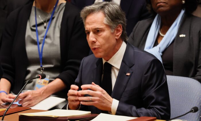 U.S. Secretary of State Antony Blinken speaks during a Security Council meeting concerning the war in Ukraine at United Nations headquarters in New York on Feb. 24, 2023. (Michael M. Santiago/Getty Images)