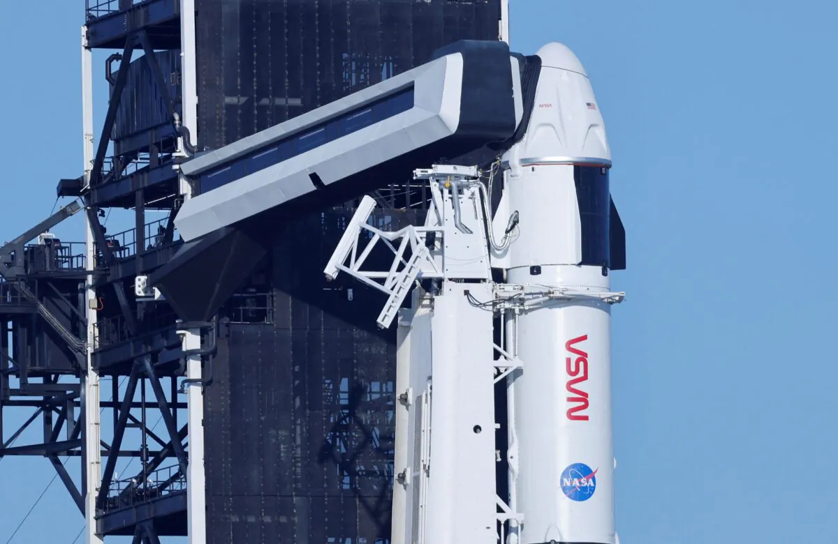 A Falcon 9 rocket is readied before launch on NASA's SpaceX Crew-6 mission to take four crew members to the International Space Station from the Kennedy Space Center in Cape Canaveral, Fla., on Feb. 26, 2023. (Joe Skipper/Reuters)