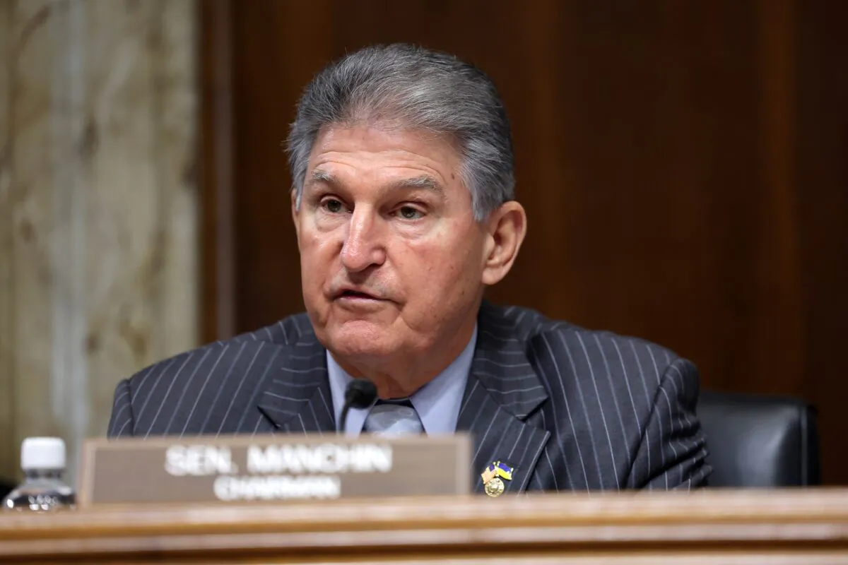 Sen. Joe Manchin (D-W.Va.), Chairman of the Senate Energy and Natural Resources Committee, presides over a hearing in Washington on Feb. 16, 2023. (Kevin Dietsch/Getty Images)
