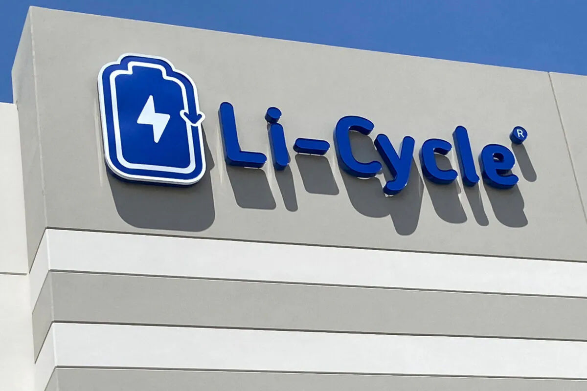 The logo of battery recycler Li-Cycle Holdings Corp. is displayed on their offices in Phoenix on June 30, 2022. (Ernest Scheyder/Reuters)