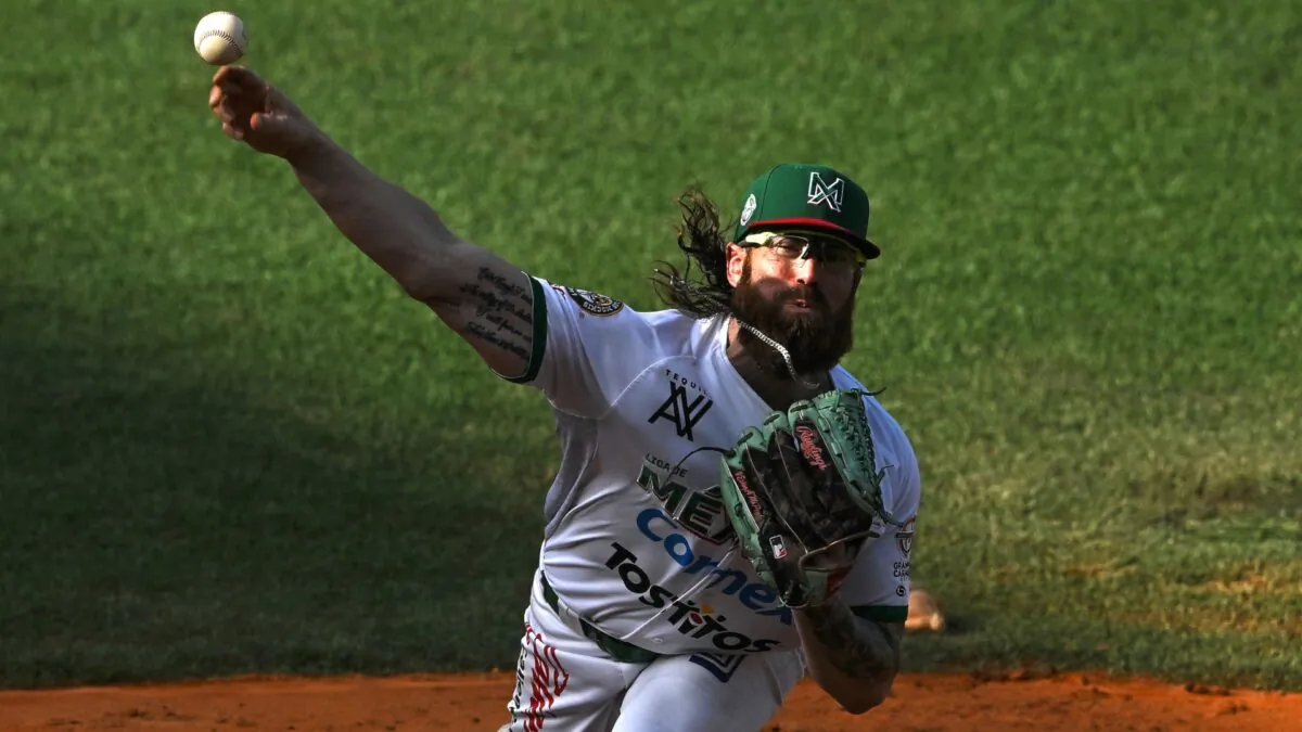 Mexico's Caneros de Los Mochis pitcher Matt Pobereyko throws the ball during their Caribbean Series semi final game against Dominican Republic's Tigres de Licey at the Forum La Guaira stadium on Feb. 9, 2023. (Yuri Cortez/AFP via Getty Images)
