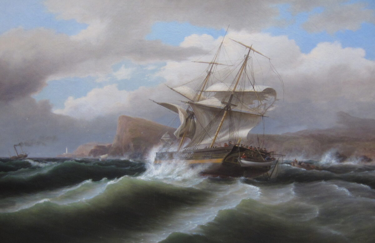 In Kierkegaard’s parable, a wicked man prays that his ship won’t sink, leading a wise man to caution, “Keep quiet, my friend; if heaven discovers that you are on board, the ship will go under.” “An American Ship in Distress,” 1841, by Thomas Birch. Timken Museum of Art. (Public domain)