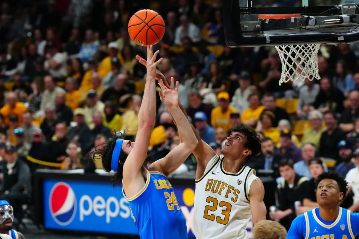 UCLA Bruins Jaime Jaquez Jr. (24) shoots the ball over Colorado Buffaloes forward Tristan da Silva (23) in the first half at the CU Events Center in Boulder, Colo., on Feb. 26, 2023. (Ron Chenoy/USA TODAY Sports via Field Level Media)