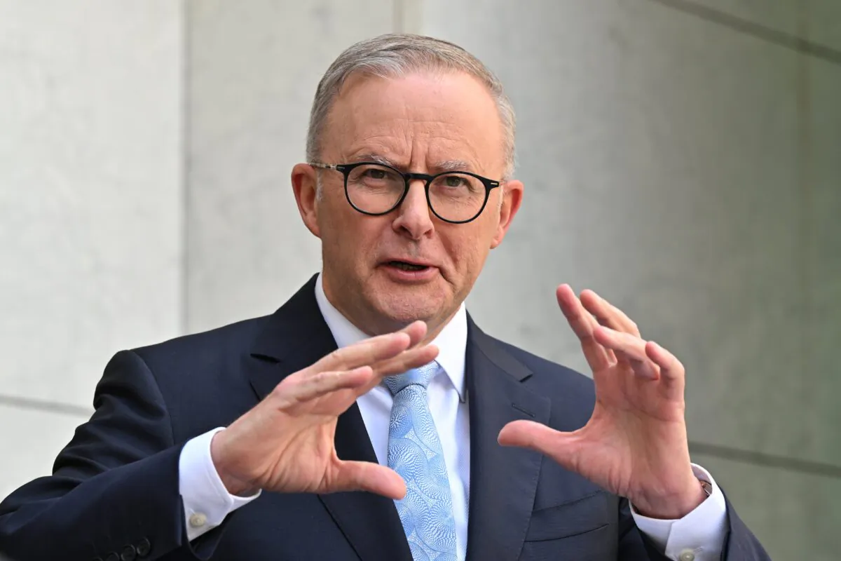 Prime Minister Anthony Albanese at a press conference at Parliament House in Canberra, Australia, on Feb. 28, 2023. (AAP Image/Mick Tsikas)