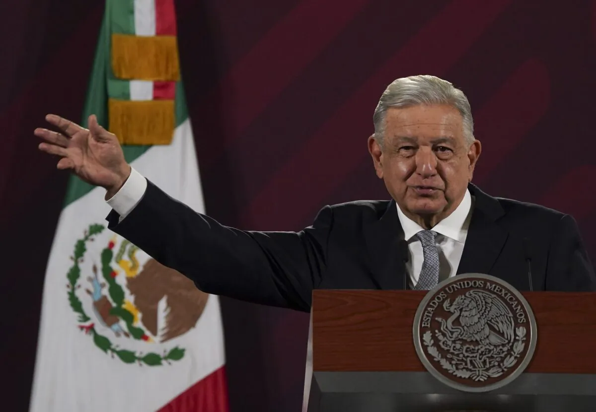 Mexican President Andres Manuel Lopez Obrador gives his regularly scheduled morning press conference at the National Palace in Mexico City on Feb. 28, 2023. (Marco Ugarte/AP Photo)