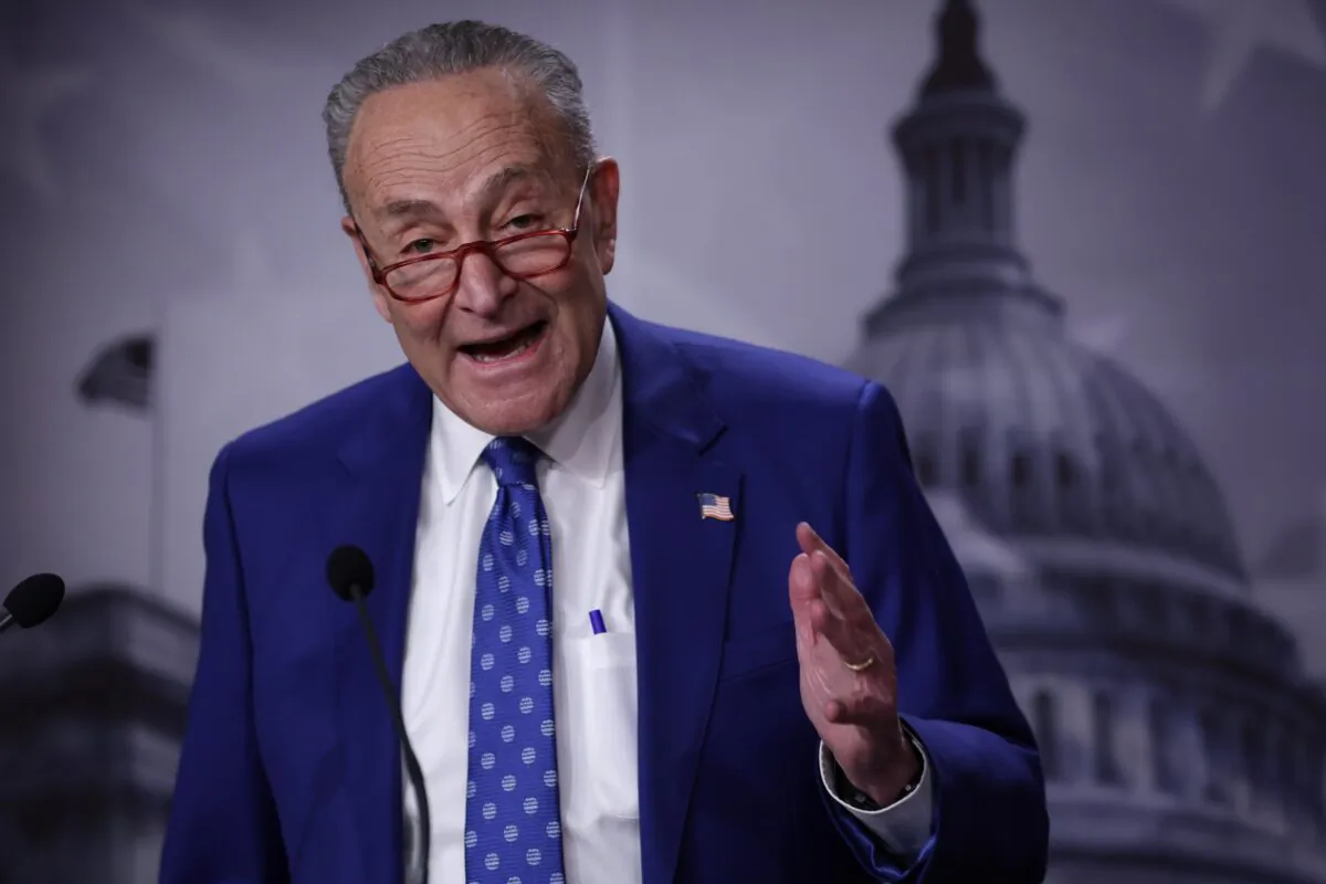 Senate Majority Leader Sen. Chuck Schumer (D-N.Y.) speaks during a news conference at the U.S. Capitol in Washington on Feb. 7, 2023. (Alex Wong/Getty Images)