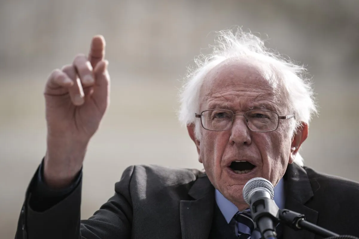 Sen. Bernie Sanders (I-Vt.) speaks during a rally in support of the Biden administration's student debt relief plan in front of the U.S. Supreme Court in Washington on Feb. 28, 2023. (Drew Angerer/Getty Images)