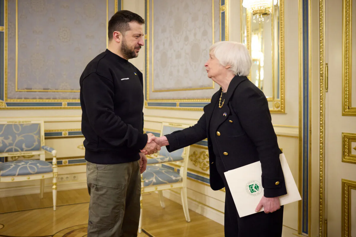 Ukraine's President Volodymyr Zelenskyy welcomes U.S. Treasury Secretary Janet Yellen (R) in Kyiv, Ukraine, on Feb. 27, 2023. (Ukrainian Presidential Press Service/Handout via Reuters)