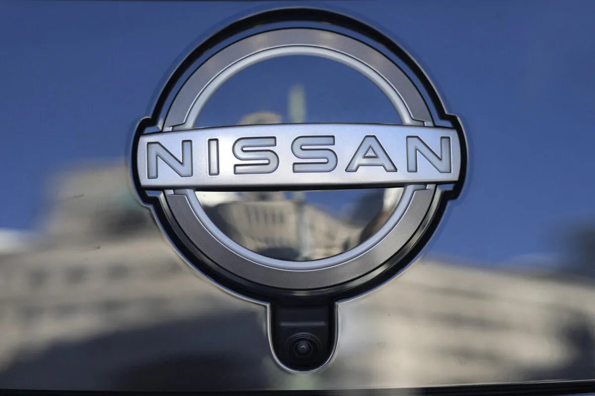 A Nissan logo on a car at its showroom in Tokyo on Feb. 21, 2023. (Shuji Kajiyama/AP Photo)