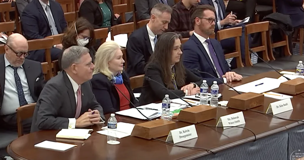 Witnesses testifying before a U.S. House of Representatives Committee were, from L: Kelvin Droegemeier,
Deborah Wince-Smith, 
Kim Budil, and Klon Kitchen, during a hearing on Capitol Hill on Feb. 28, 2023. (Janice Hisle/The Epoch Times via screenshot of video)
