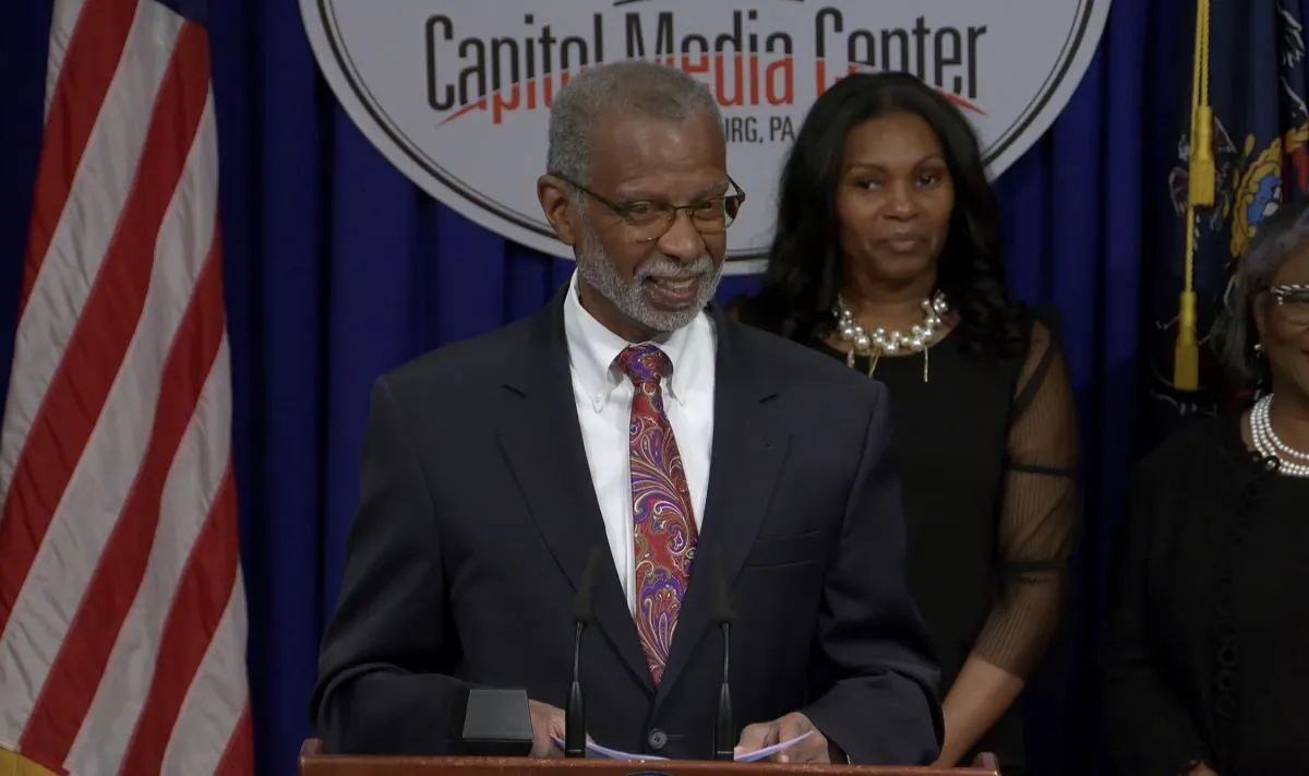Pennsylvania state Sen. Art Haywood unveils his report, "The State of Black Pennsylvania," at the Pennsylvania Capitol building in Harrisburg on Feb. 28, 2023. (Screenshot/The Epoch Times) 