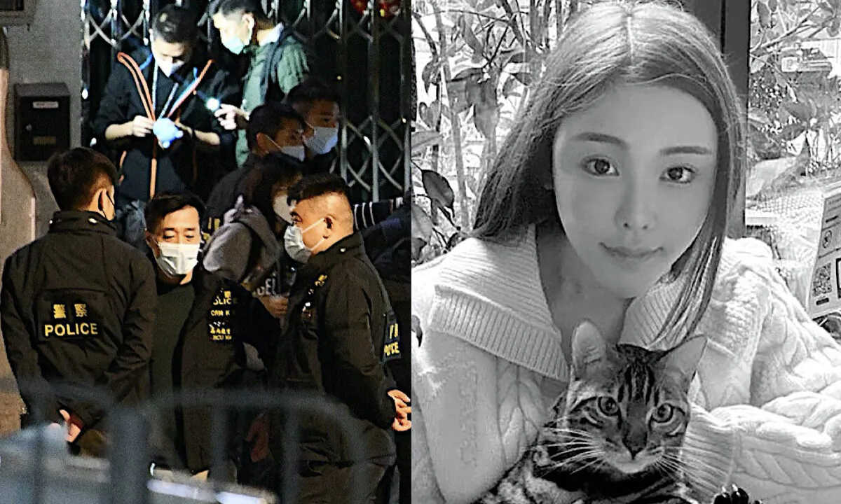 L: On Feb. 24, 2023, investigators were at the crime scene collecting evidence. (Big Mak/The Epoch Times) R: Model Abby Choi poses for a photo in Hong Kong on Feb. 11, 2023. (Pao Jo-yee via AP)